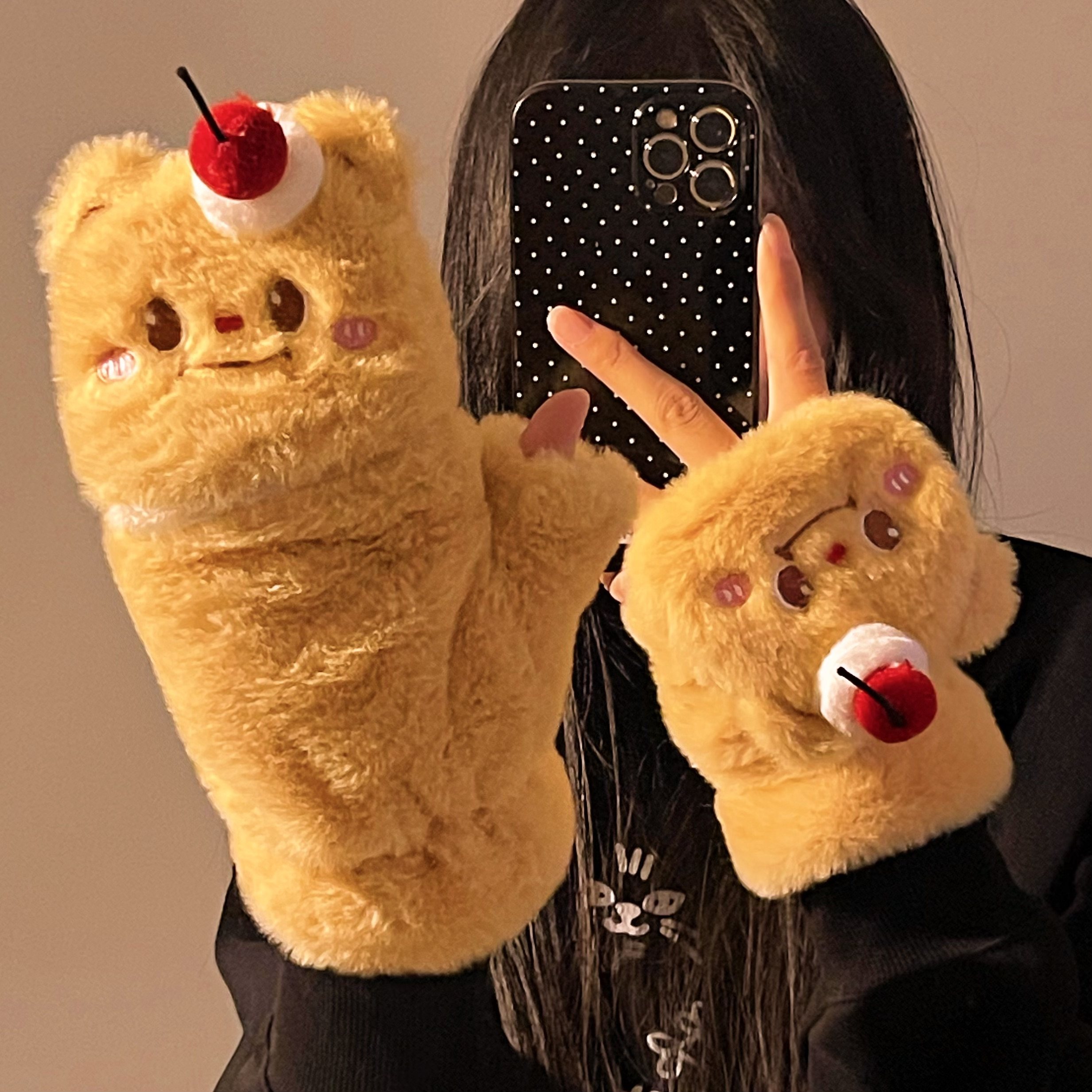 可爱黄油小熊翻盖半指手套毛绒连指手套女冬季加绒加厚保暖手套,服饰配件/皮带/帽子/围巾,手套,淘宝优惠券,粉丝福利购,淘宝优惠卷