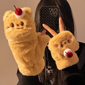 可爱黄油小熊翻盖半指手套毛绒连指手套女冬季 加绒加厚保暖手套