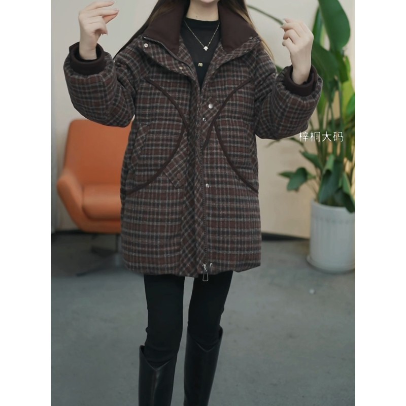 立领格子静奢风白鸭绒羽绒服女2025冬季新款加厚保暖时尚大码外套