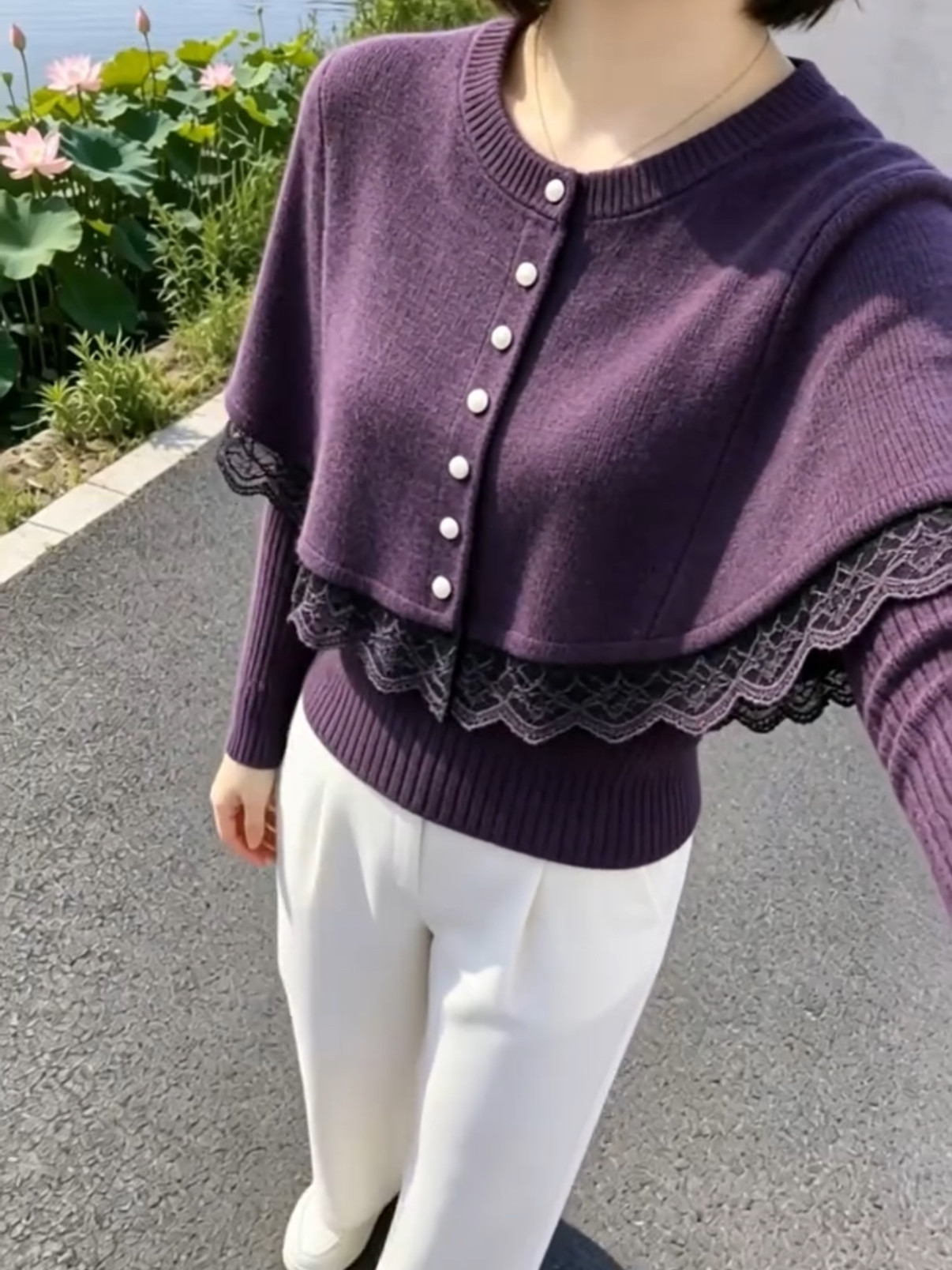 法式甜美风蕾丝拼接斗篷假两件针织衫女紫色圆领长袖通勤上衣女装