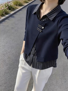 假两件拼接衬衫女春秋条纹翻领洋气上衣中年妈妈宽松显瘦长袖小衫