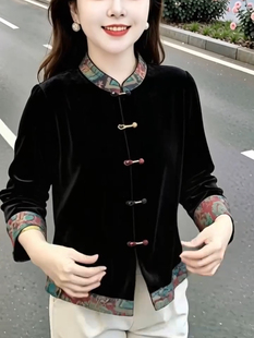 金丝绒女士上衣秋冬T恤大码妈妈装中老年新中式长袖洋气小衫衬衫