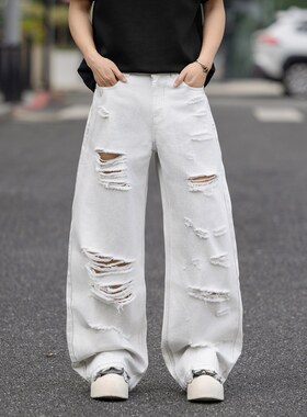 夏季潮流宽松破洞纯色牛仔裤男