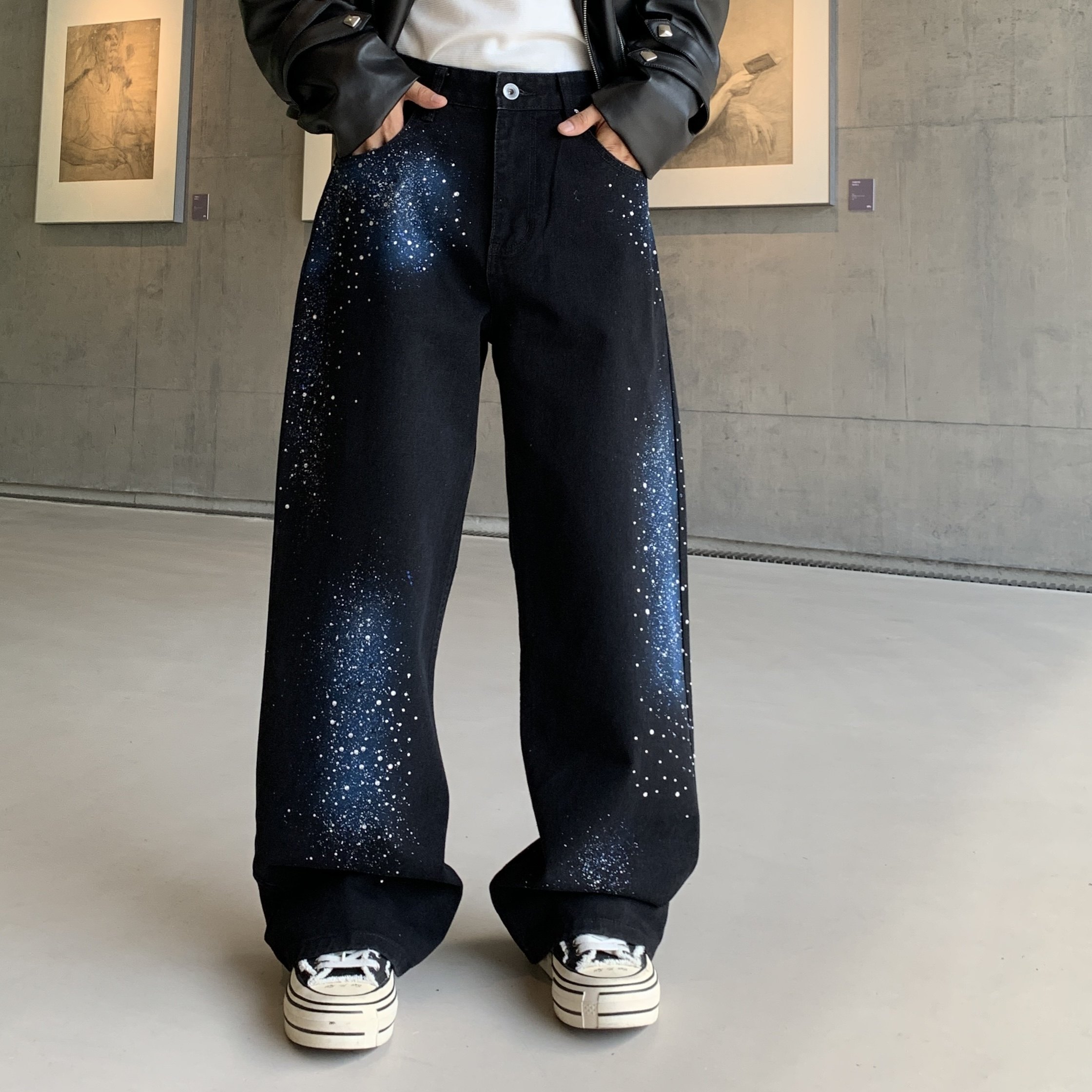 美式复古银河星空蓝烫钻喷色渐变牛仔裤男宽松直筒小众重工阔腿裤