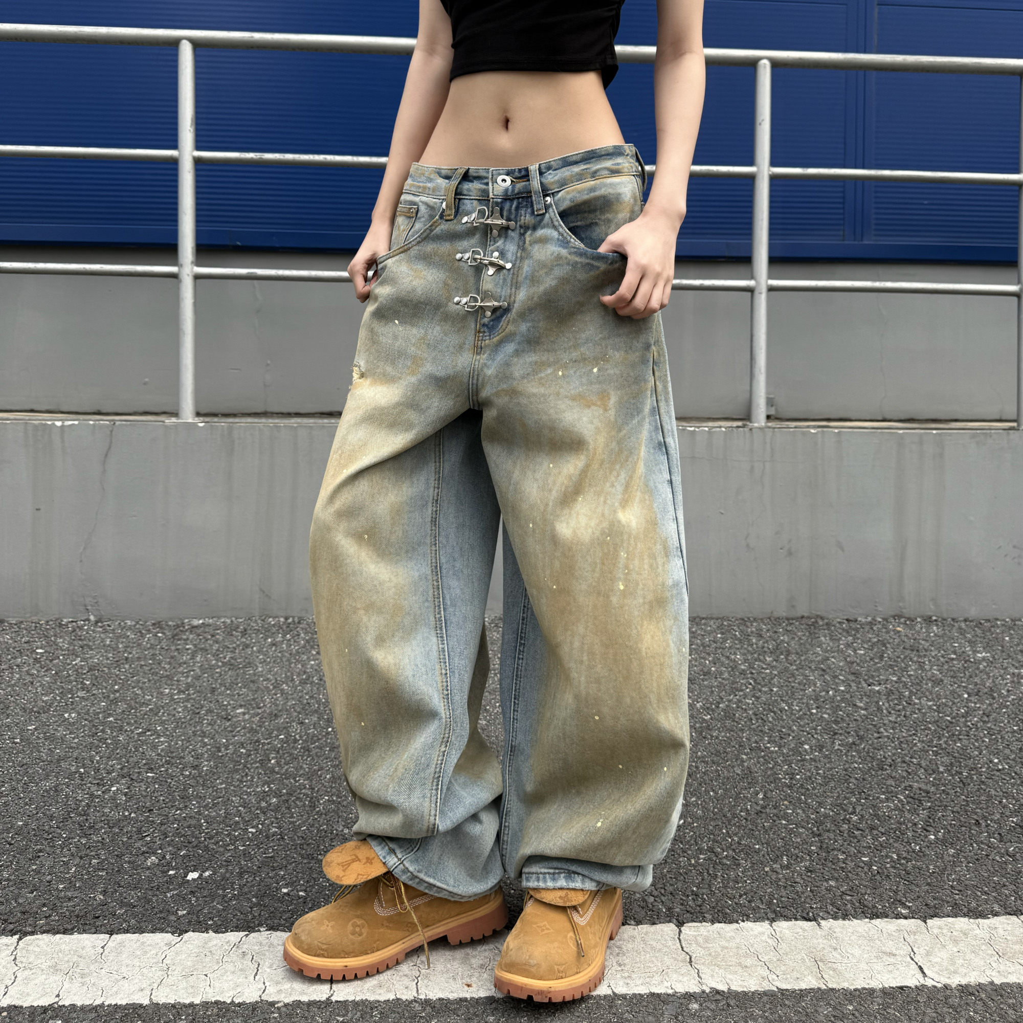 美式复古做旧泼墨牛仔裤男春秋新款休闲直筒宽松百搭阔腿长款裤子