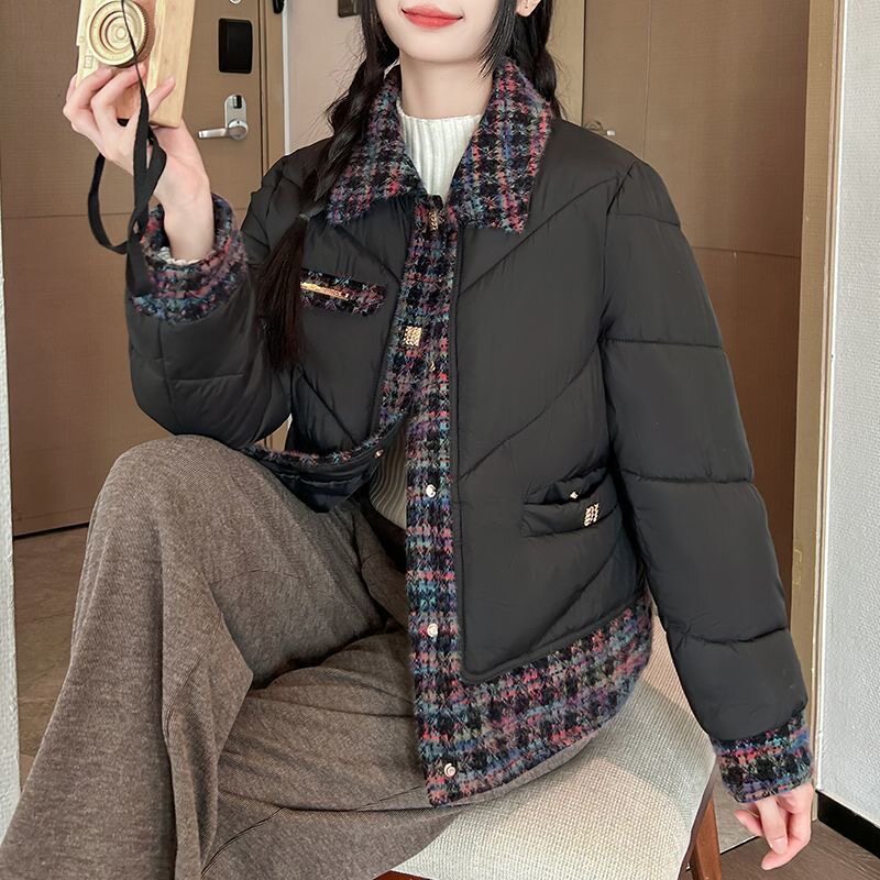 小香风毛呢拼接羽绒棉服女2025冬季新款洋气减龄保暖短款棉衣外套