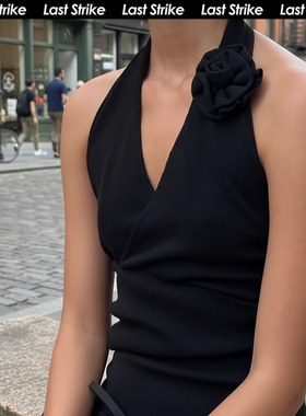Last Strike黑色挂脖深V领运动休闲背心女夏性感立体花朵瑜伽上衣