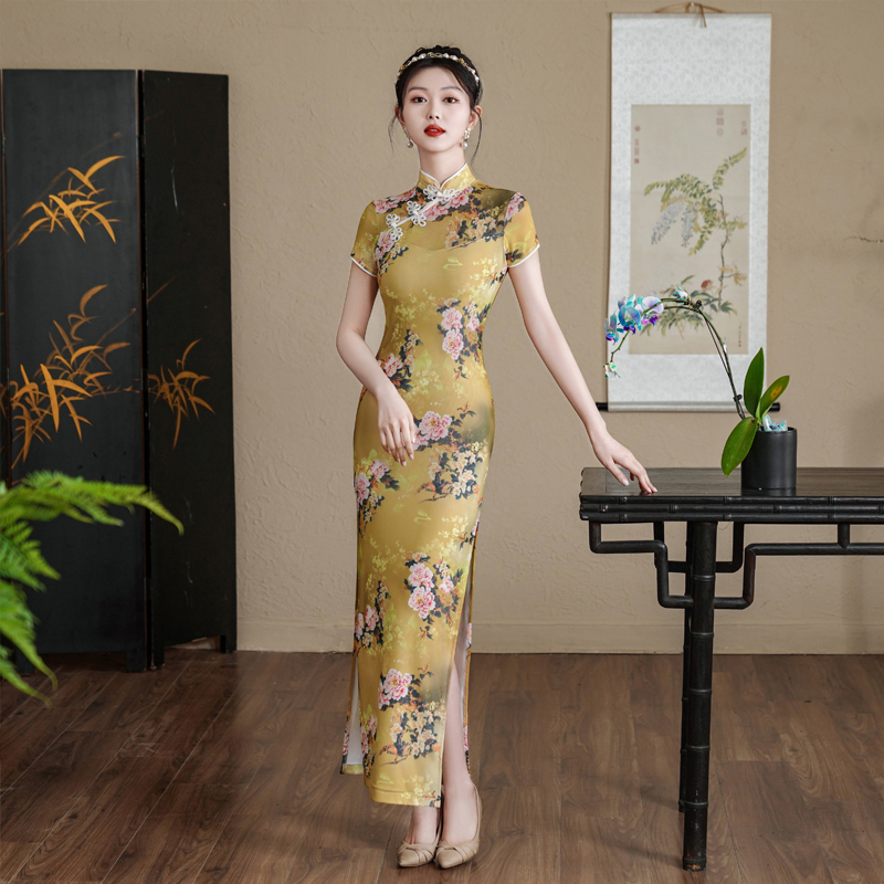 法式复古立领年轻款开叉改良式旗袍长裙女夏装新款气质印花连衣裙