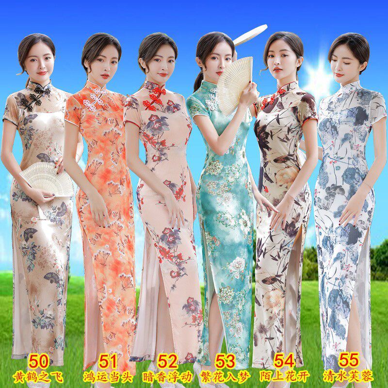 老上海短袖改良长款旗袍2025年名媛年轻款中国风演出走秀连衣裙女
