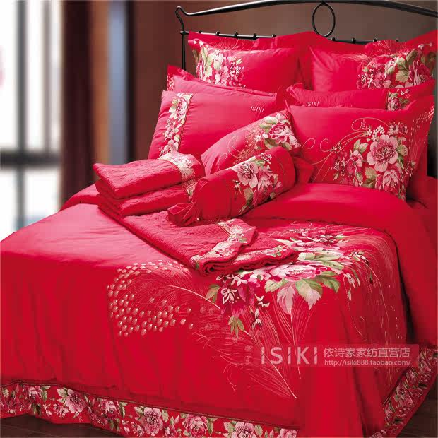 ISIKI依诗家红色花朵刺绣四件套K131纯棉结婚中式风重工床品套件