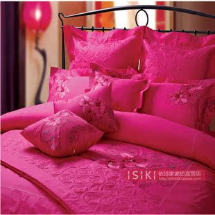 ISIKI 婚庆8件套K075纯棉提花刺绣婚嫁床品套件 依诗家玫红色新式