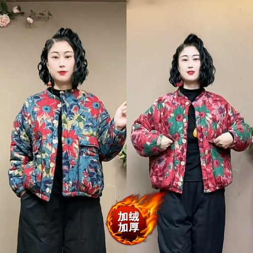 冬季新款复古加绒民族印花立领宽松加厚短款棉服保暖外套棉衣棉袄