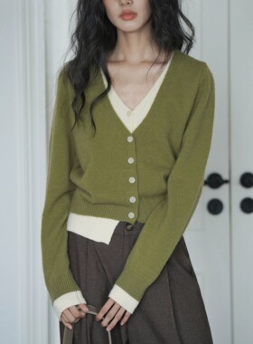 YA家正确版高版本绿色假两件毛衣女新款针织开衫上衣慵懒高级感