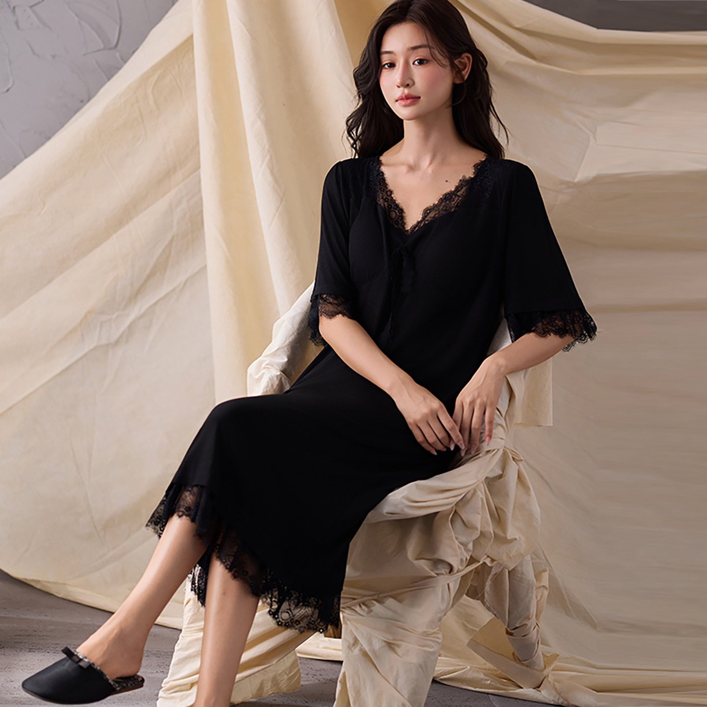 芬腾可安莫代尔睡裙夏季女2026新款带胸垫蕾丝边五分袖孕妇连衣裙