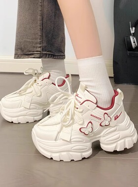回力酒红厚底老爹鞋女2026新款春秋透气小白鞋网面休闲运动鞋子女