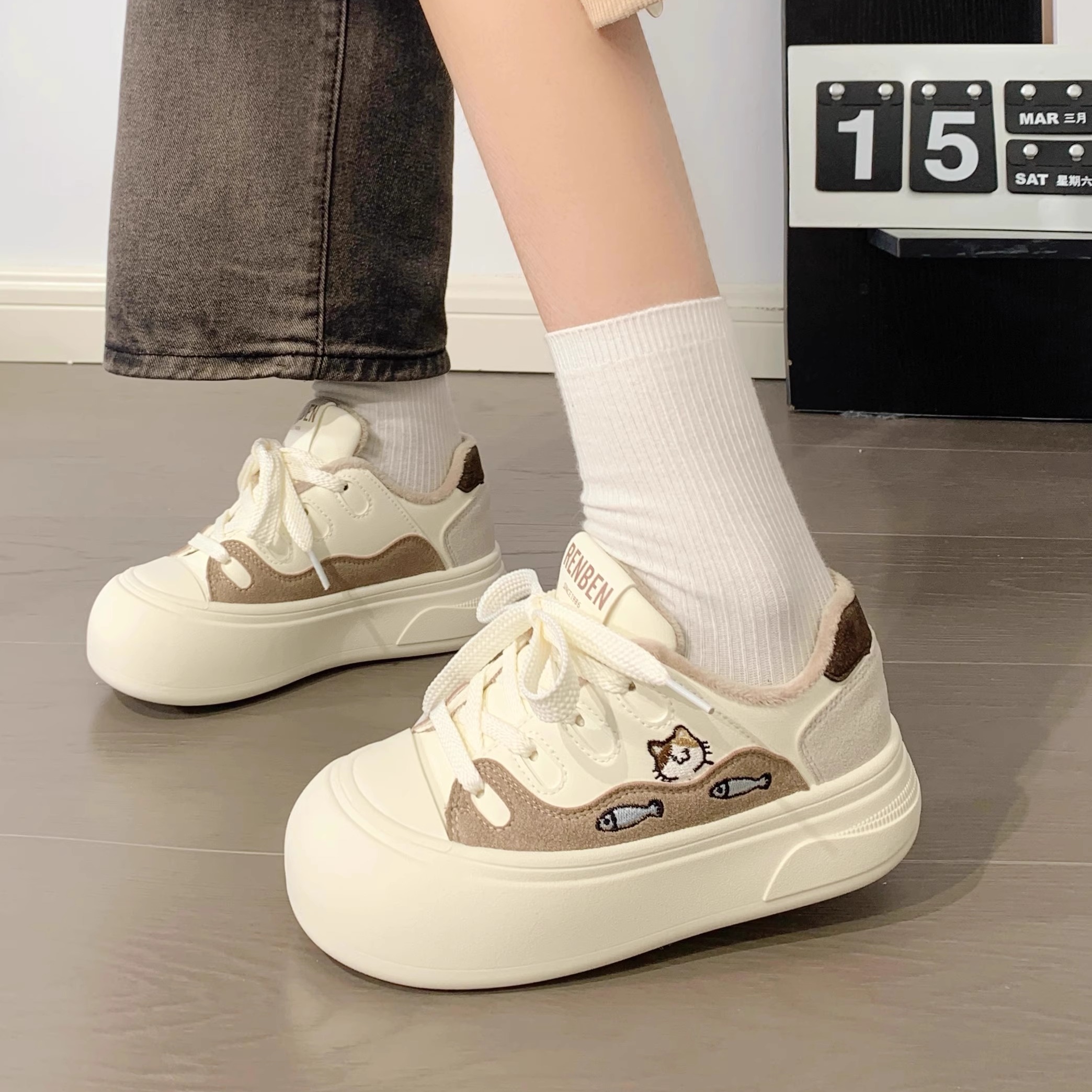 人本猫咪厚底大头鞋女保暖加绒