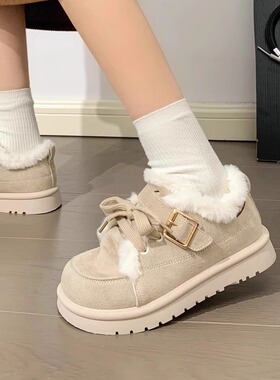 回力短筒毛绒雪地靴女冬季加绒保暖厚底系带面包鞋子外穿百搭棉鞋