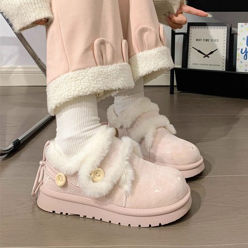 回力樱花粉毛绒雪地靴冬季保暖