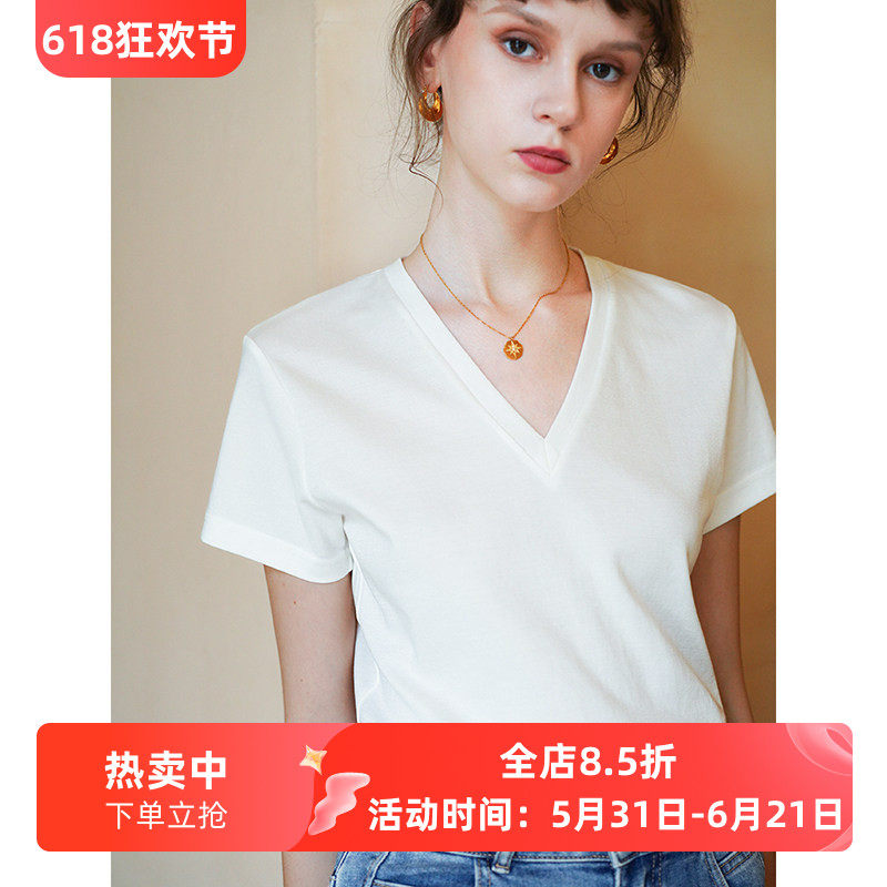 徐莫西日本工艺三醋酸抗皱宽松休闲百搭V领短袖T恤女夏露锁骨上衣