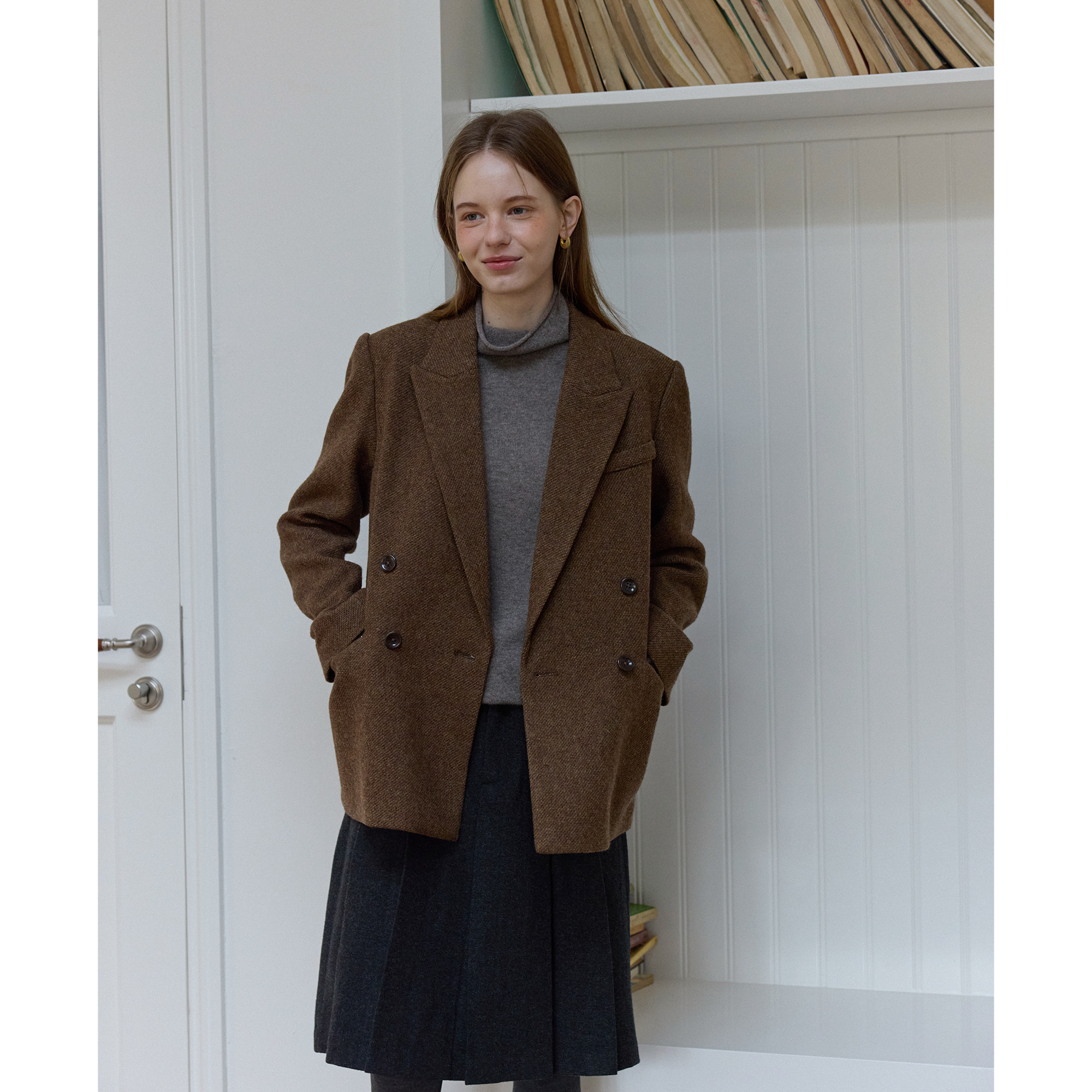 复古风全羊毛斜纹宽松西装毛呢外套女呢子秋冬季款通勤韩版小个子