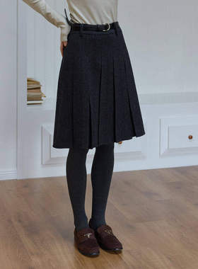 复古深灰色百搭高腰羊毛混纺毛呢a字百褶半身裙女秋冬款中款半裙
