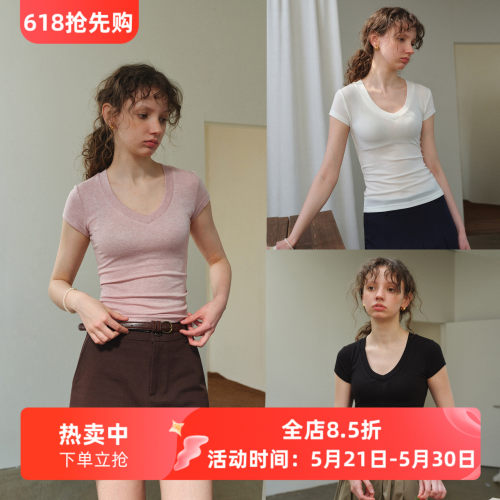天丝羊毛v领收腰修身显瘦短袖T恤
