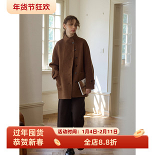 咖色立领短款宽松绵羊毛骆驼绒双面呢大衣女秋冬款小个子呢子外套