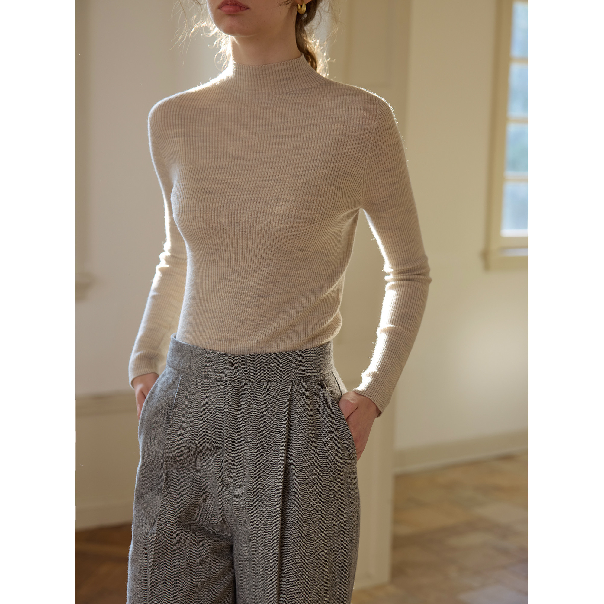 无缝一体扬子纱亲肤半高领修身羊毛打底针织衫毛衣女秋冬内搭上衣