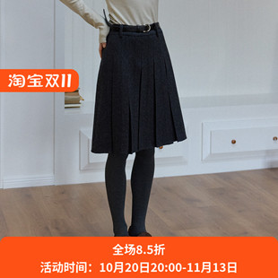 复古深灰色百搭高腰羊毛混纺毛呢a字百褶半身裙女秋冬款中款半裙