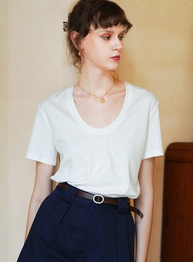 徐莫西 法式简约风白色U型圆领宽松短袖棉T恤女夏韩版露锁骨上衣
