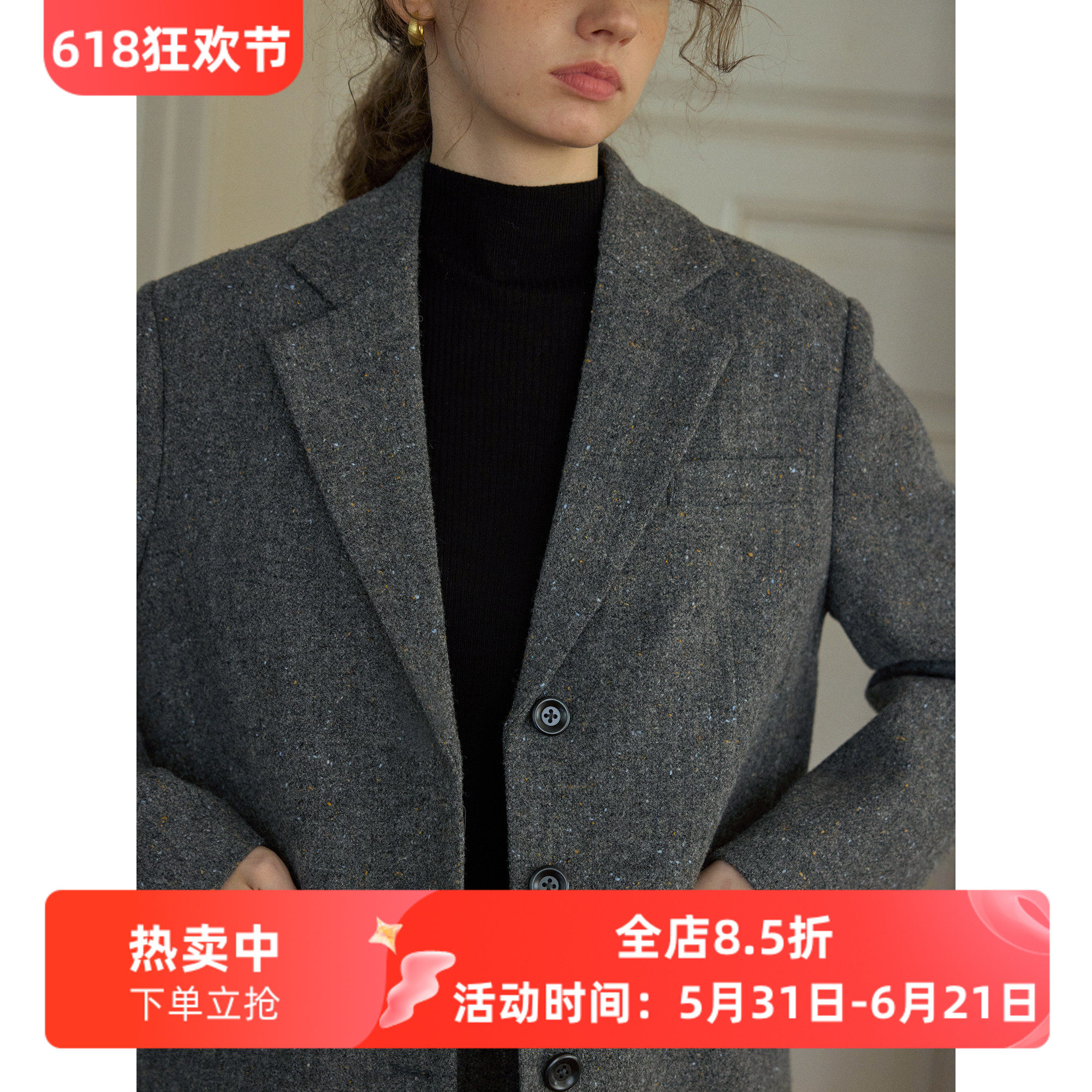 复古风灰色羊毛休闲宽松短款西装毛呢外套女秋冬新款呢子通勤韩版