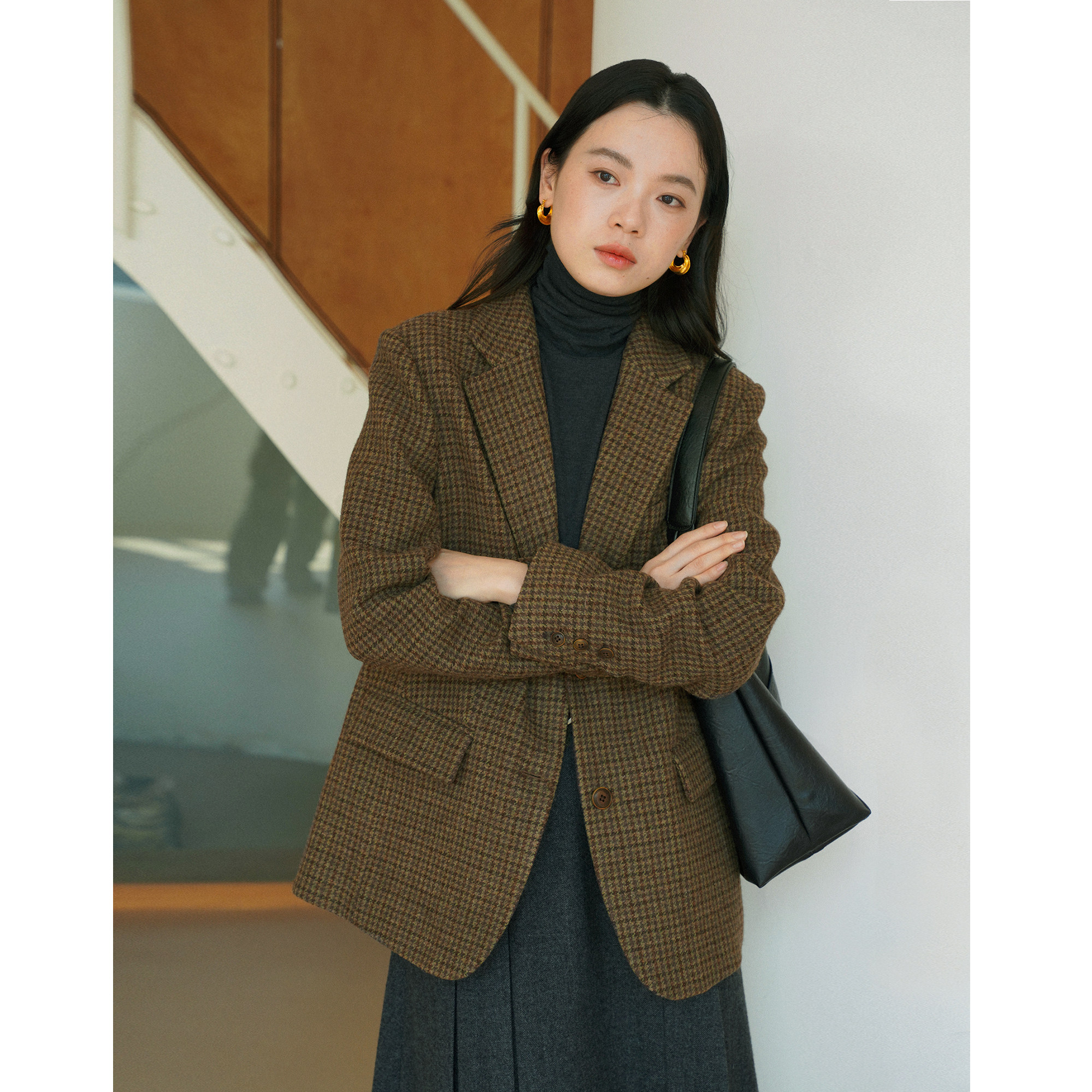 复古风高级感小格纹纯全羊毛宽松毛呢西装外套女呢子秋冬新款通勤