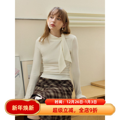 蝴蝶结系带修身显瘦针织打底衫