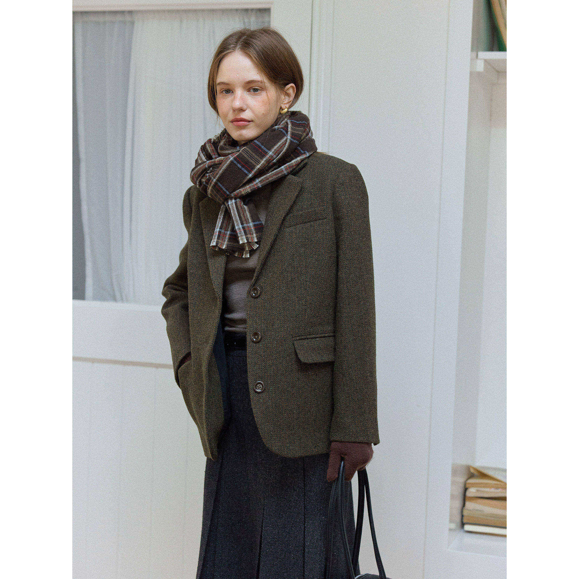 复古风绿色全羊毛休闲宽松西装毛呢外套女呢子秋冬款百搭通勤韩版