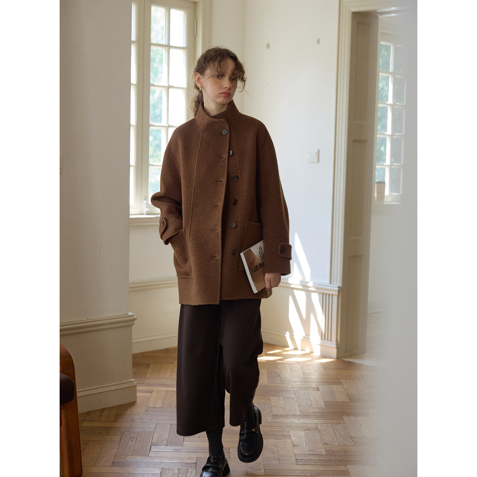 深黑灰色立领短款绵羊毛骆驼绒双面呢大衣女秋冬款小个子呢子外套