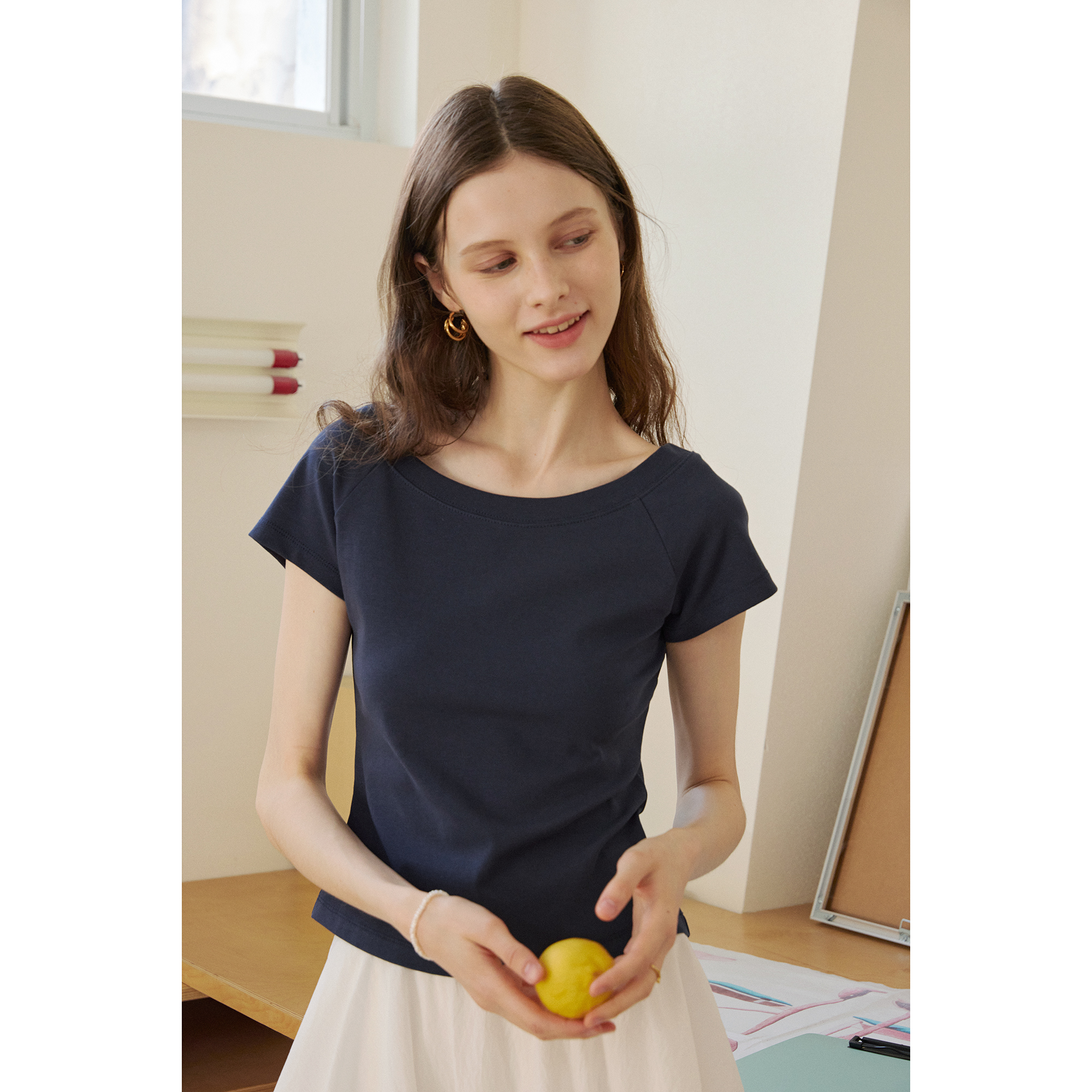 一字领修身显瘦短袖T恤女