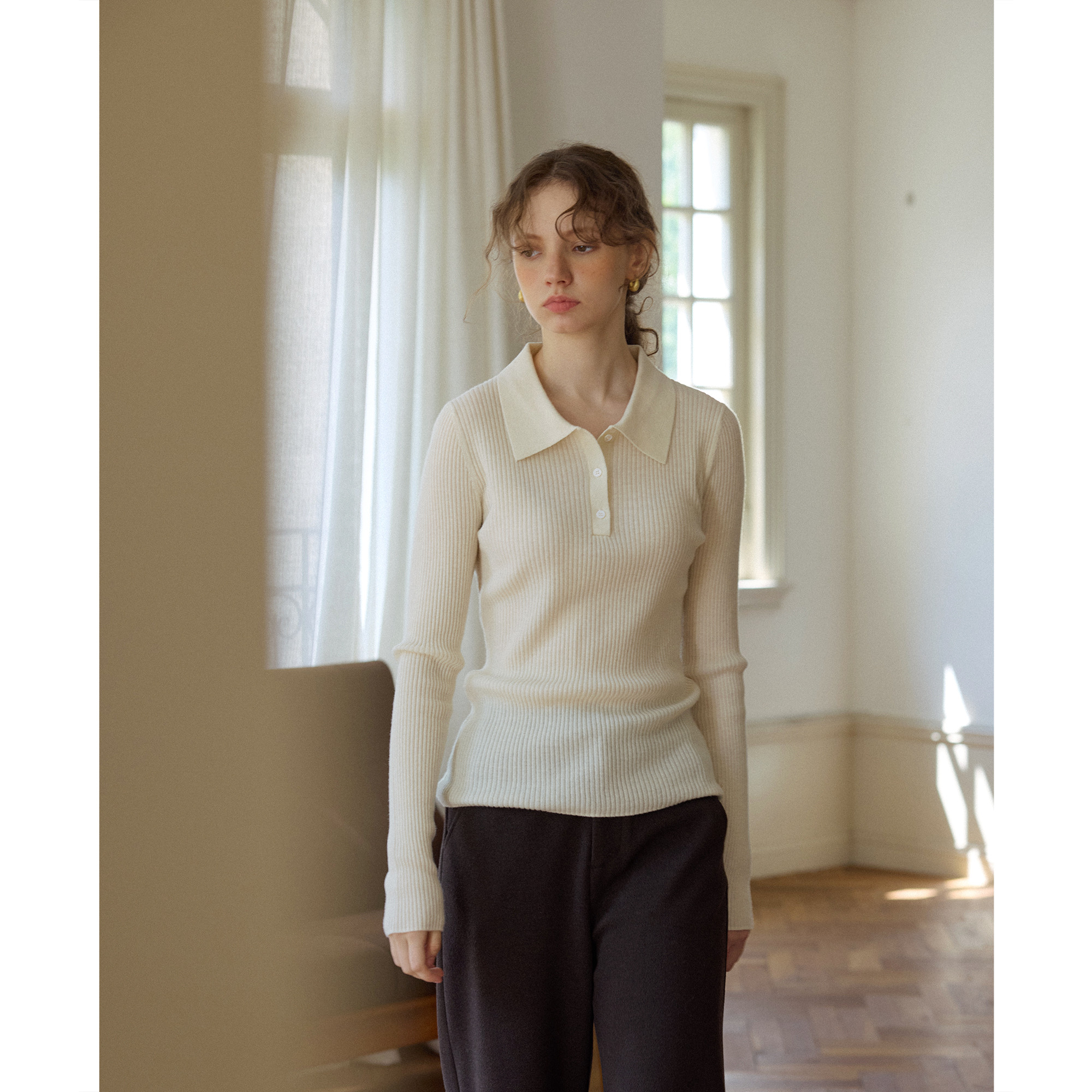 miu系polo领绵羊毛长袖针织衫毛衣女秋冬款复古正肩翻领气质上衣