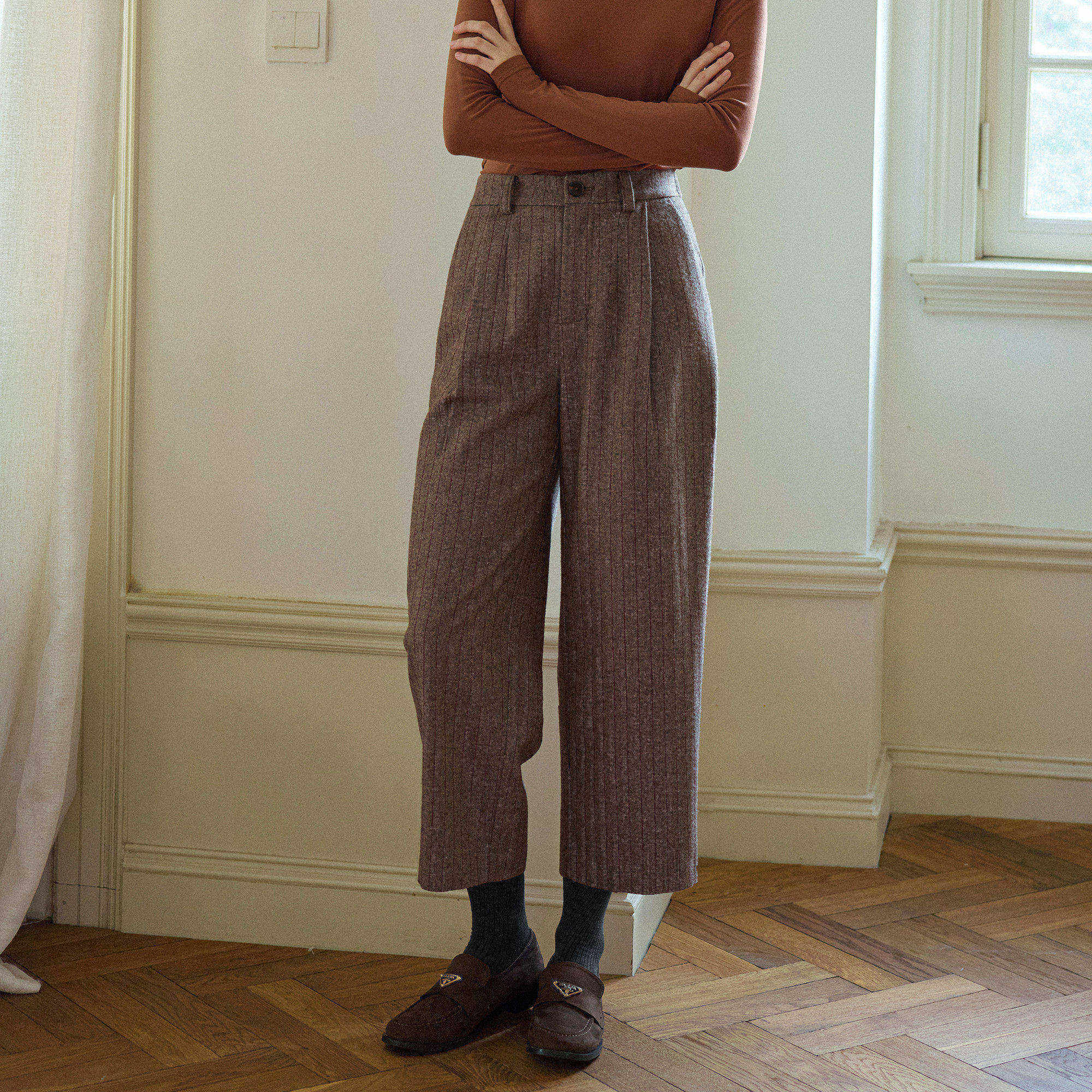 复古英伦风条纹羊毛毛呢松紧高腰直筒裤九分裤女秋冬季款休闲西裤