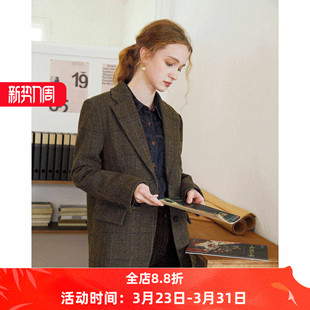 英伦复古风深绿色高级感格纹纯羊毛毛呢西装 外套女呢子秋冬新款