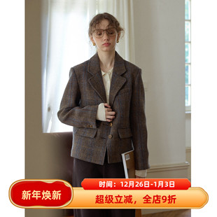 新款 复古风格 外套女秋冬季 羊毛毛呢西装 呢子通勤小个子 纹宽松短款