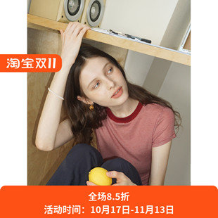 莱赛尔天丝羊毛红色条纹圆领修身短袖T恤女夏季薄款减龄显瘦上衣