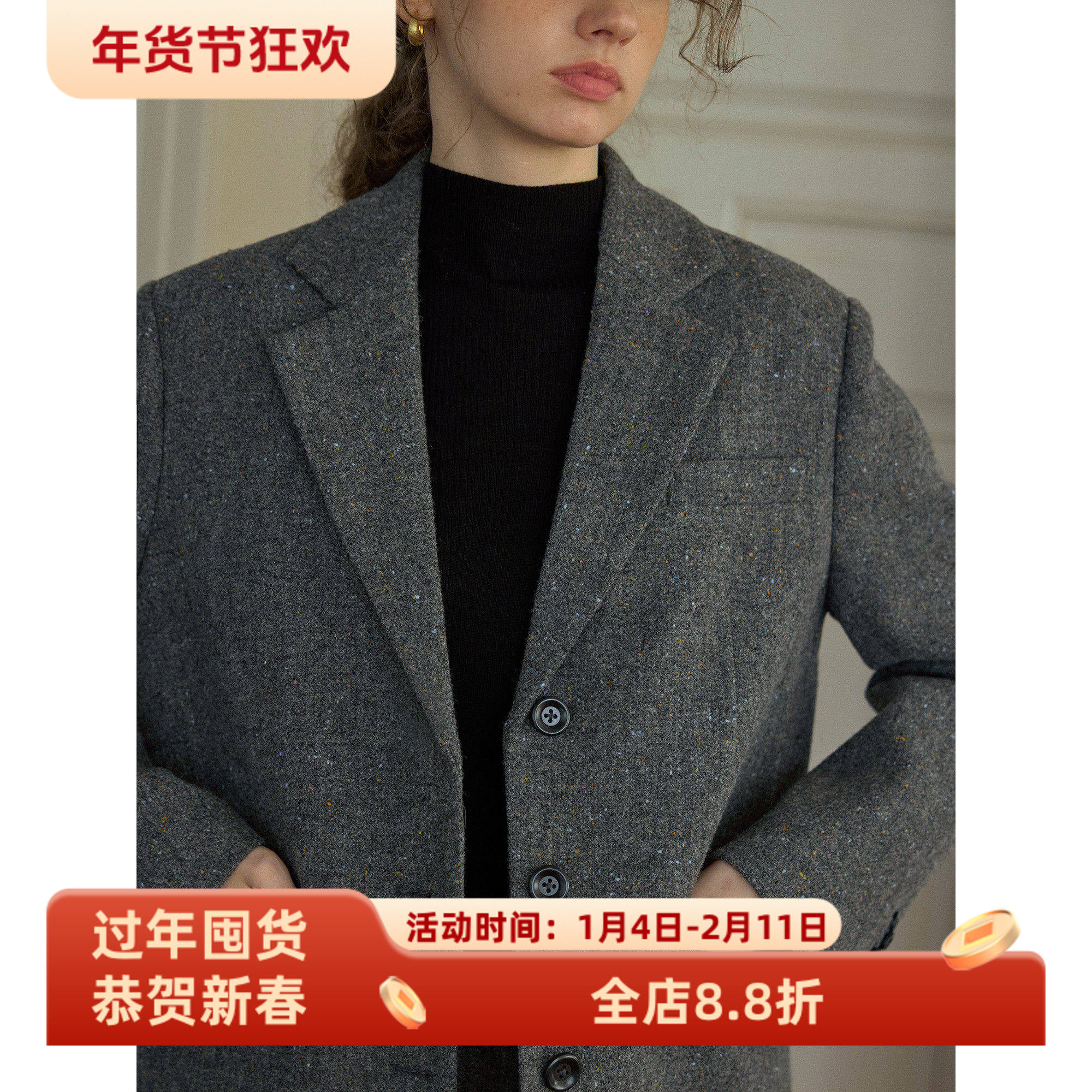 复古风灰色羊毛休闲宽松短款西装毛呢外套女秋冬新款呢子通勤韩版