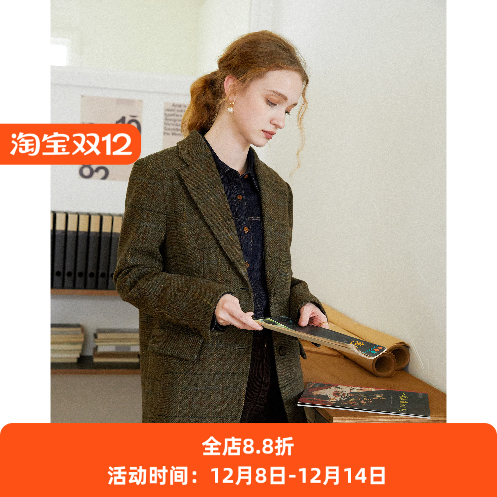 英伦复古风深绿色高级感格纹纯羊毛毛呢西装外套女呢子秋冬新款