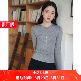 T恤女秋小飞袖 长袖 上衣 显瘦薄款 简约小众设计亨利领天丝羊毛修身