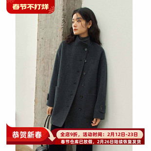 深黑灰色立领短款绵羊毛骆驼绒双面呢大衣女秋冬款小个子呢子外套