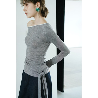 莱赛尔羊毛慵懒风斜肩飘带修身褶皱显瘦百搭长袖T恤女设计感上衣