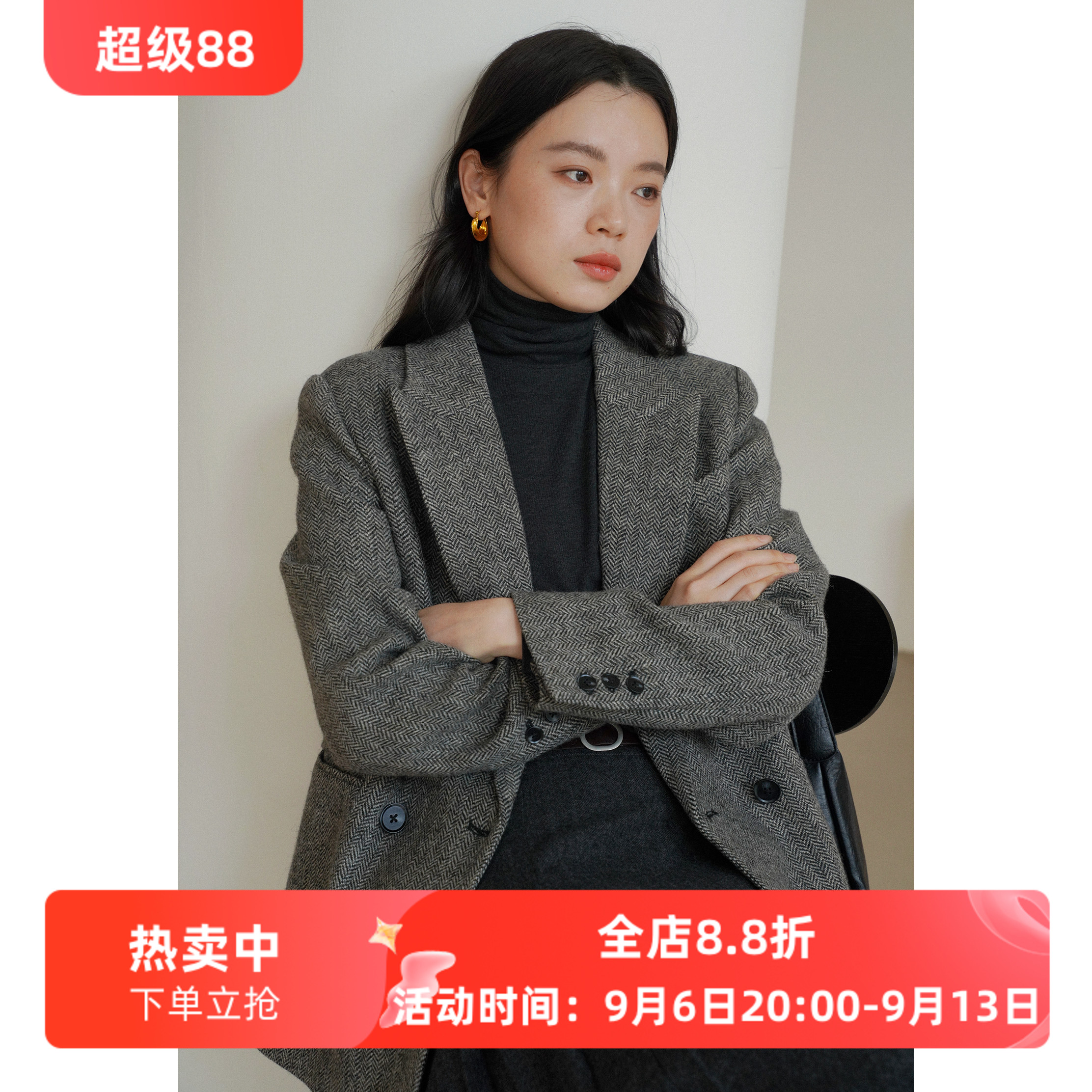复古风全羊毛人字纹休闲宽松西装毛呢外套女呢子秋冬新款通勤韩版