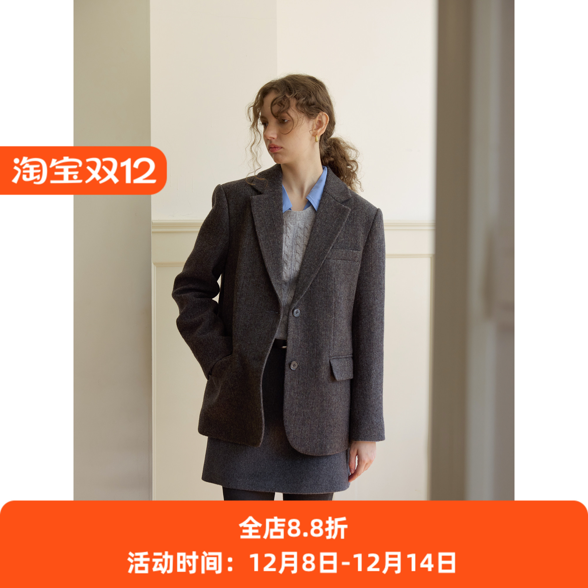 复古全羊毛休闲宽松短款西装毛呢外套女秋冬款呢子通勤韩版小个子