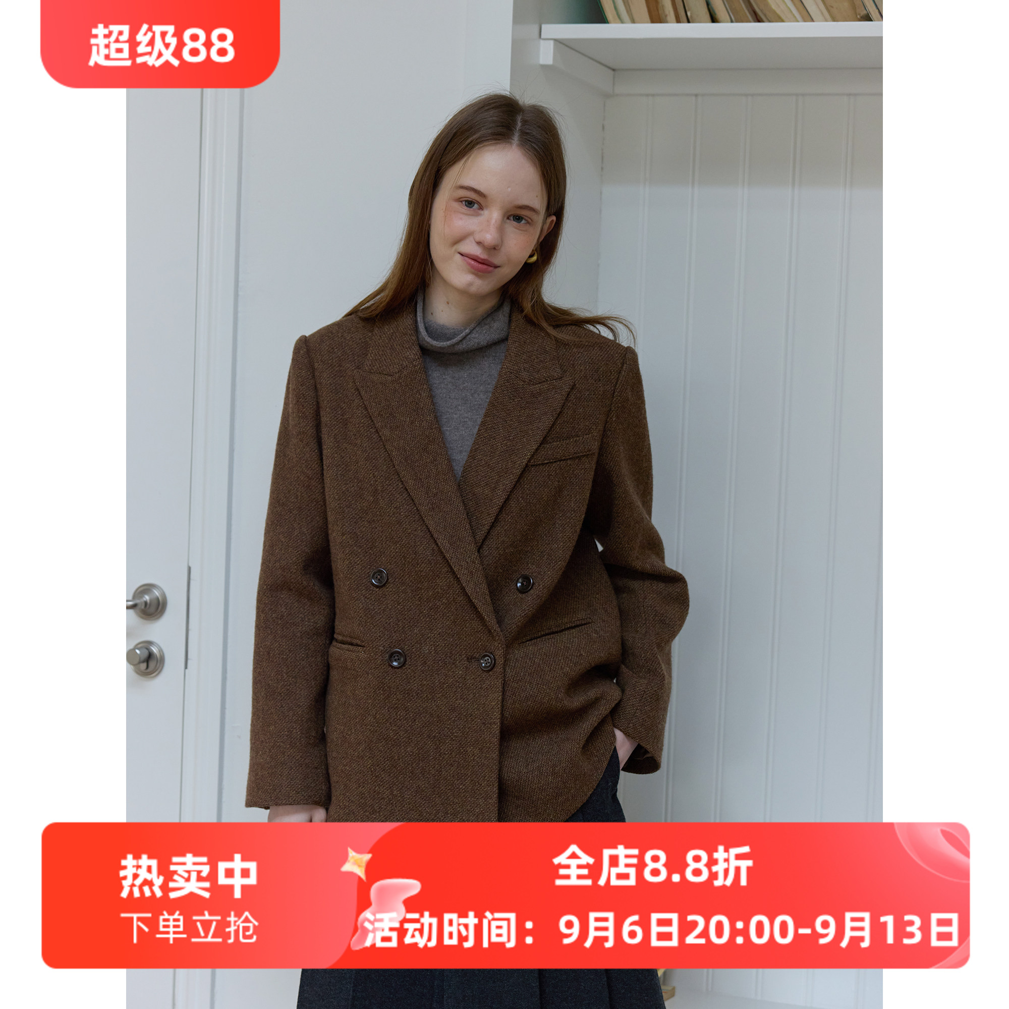 复古风全羊毛斜纹宽松西装毛呢外套女呢子秋冬季款通勤韩版小个子