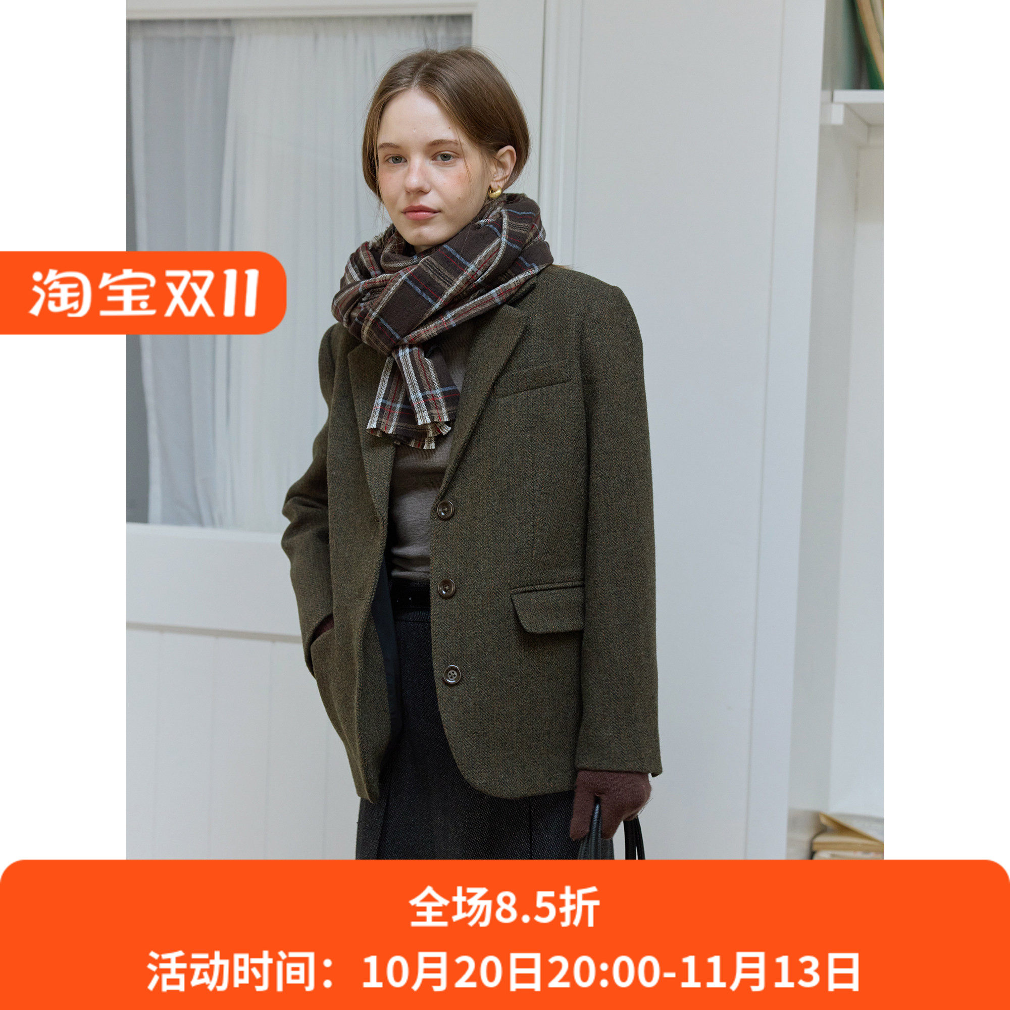 复古风绿色全羊毛休闲宽松西装毛呢外套女呢子秋冬款百搭通勤韩版
